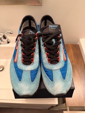 Prada Men’s Blue and Red Suede-Nylon Swim Sneakers